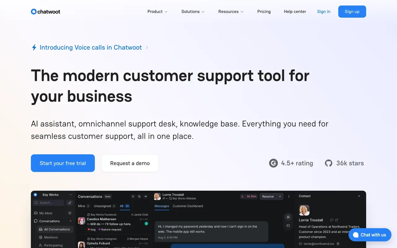 Chatwoot homepage, screenshot from September 2026