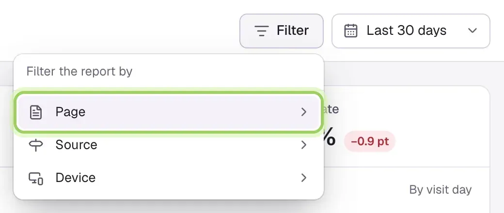 The Filter menu open with Page, Source and Device. Page is highlighted.