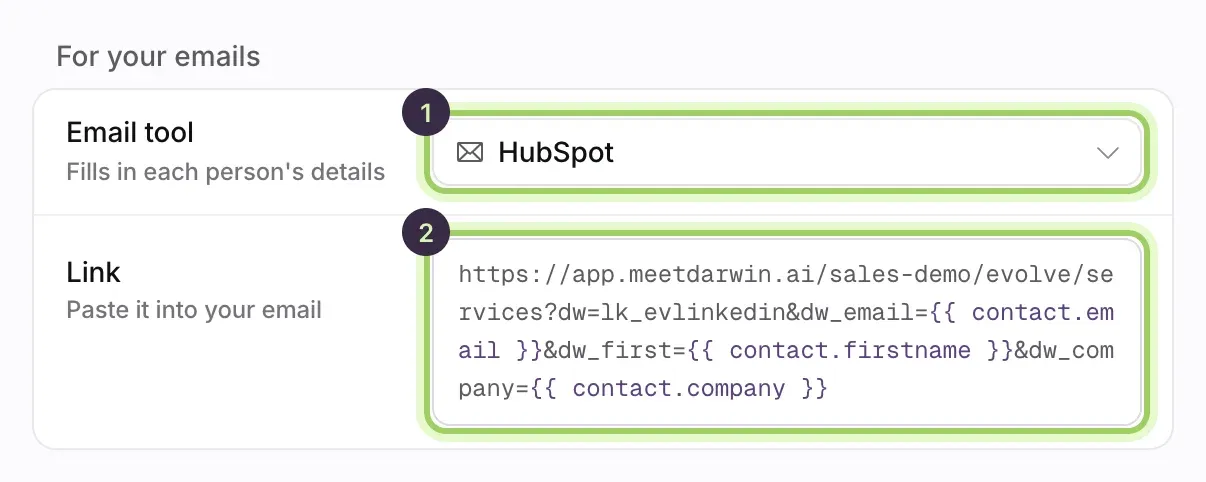 For your emails: Email tool set to HubSpot marked 1, and the Link with HubSpot merge fields for email, first name and company marked 2.