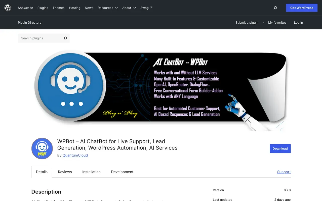 WPBot homepage, screenshot from September 2026