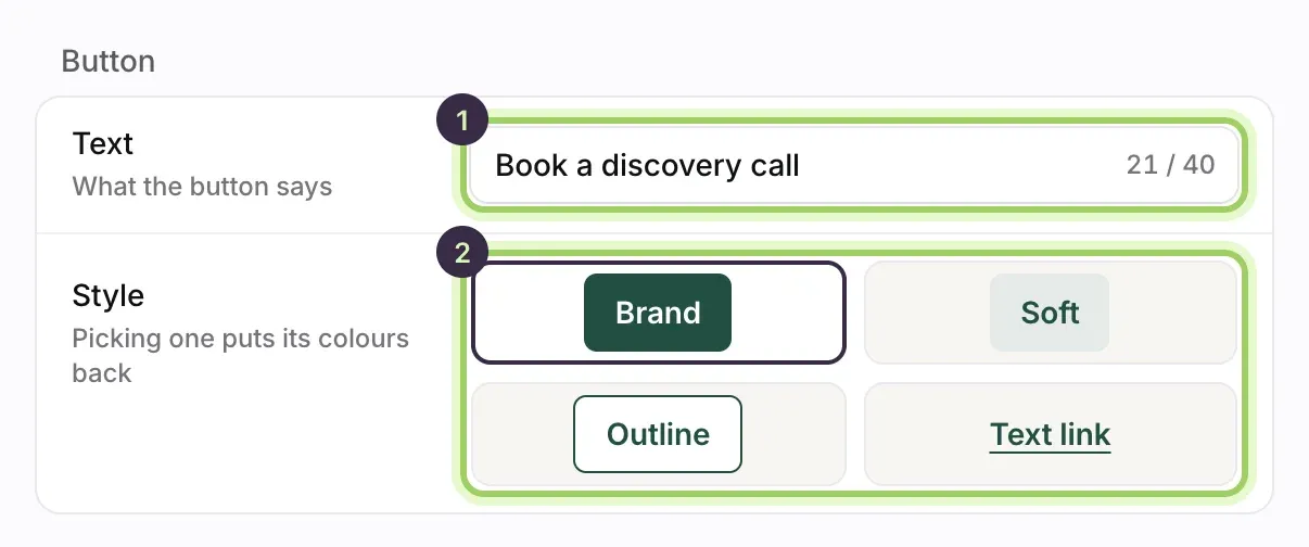 The Button section: Text marked 1, and the four styles Brand, Soft, Outline and Text link marked 2.