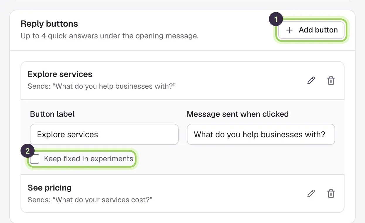 The Reply buttons section with Add button marked 1. The Explore services button is open, showing Button label, Message sent when clicked, and Keep fixed in experiments marked 2.
