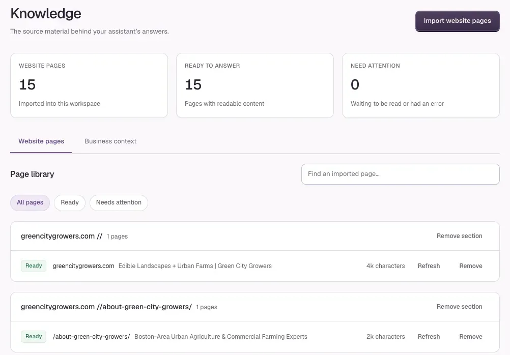 Darwin's Knowledge screen with 15 imported website pages, 15 ready to answer and none needing attention, above the page library and the Business context tab