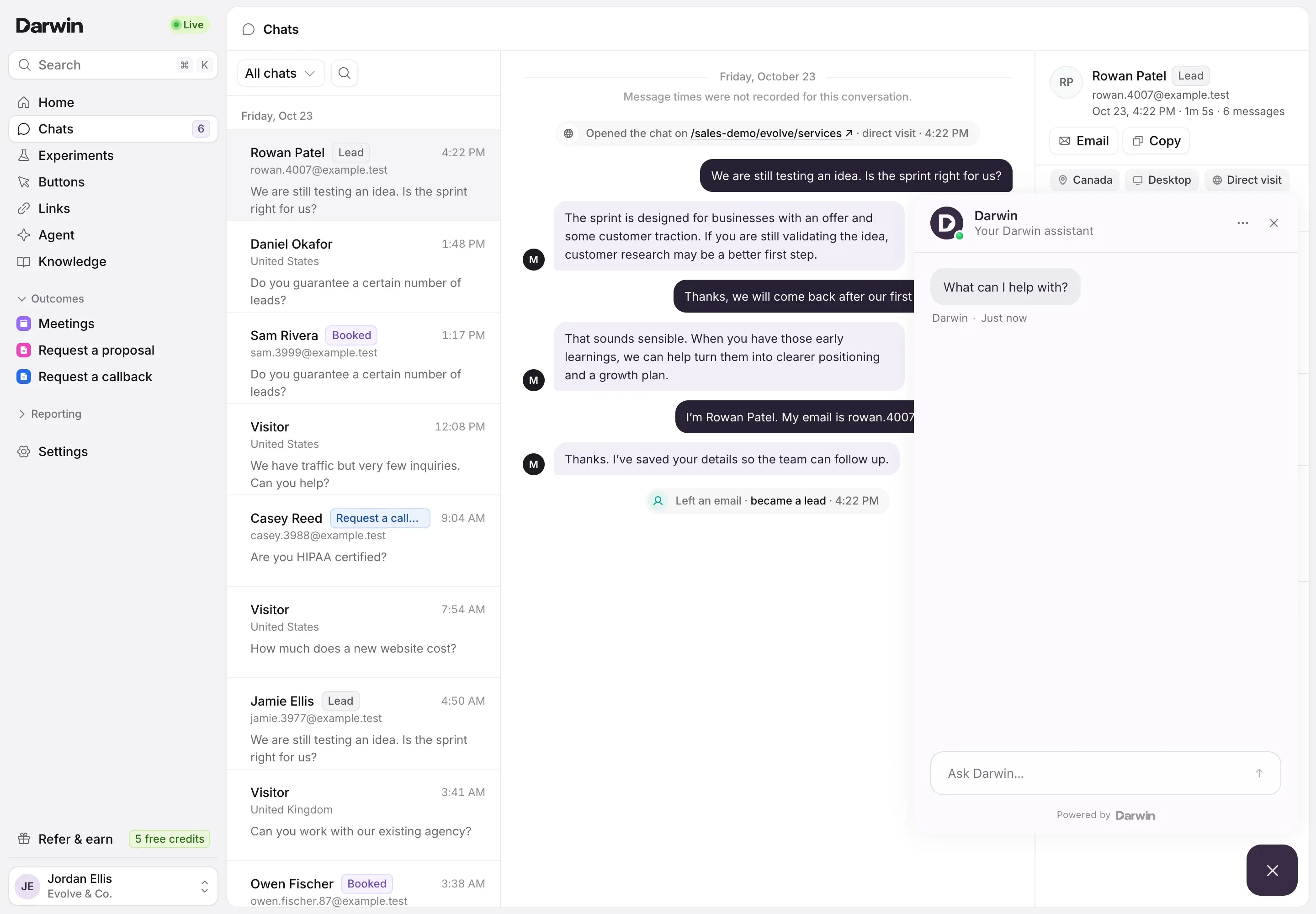 Darwin’s assistant open over the Chats screen: the header Darwin, Your Darwin assistant, the greeting What can I help with? and the Ask Darwin… box.