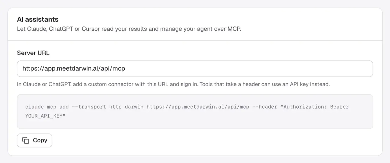 The AI assistants section of Integrations → API with the Server URL and a Claude Code command to copy. No assistants are connected yet.