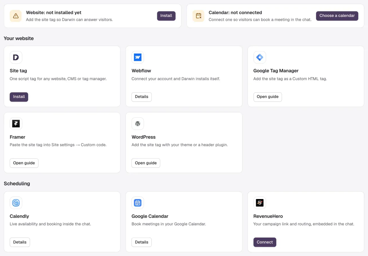 The Integrations screen: Website and Calendar status cards at the top, the website integrations, and the Scheduling section with Calendly, Google Calendar and RevenueHero.