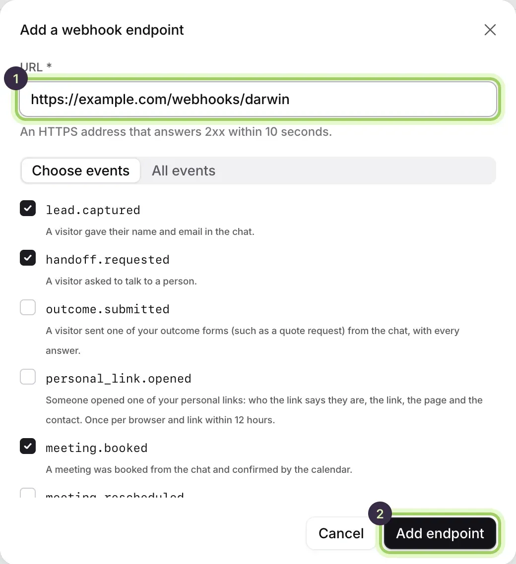 The Add a webhook endpoint dialog: the URL field marked 1 with https://example.com/webhooks/darwin, Choose events with lead.captured, handoff.requested and meeting.booked ticked, and Add endpoint marked 2.