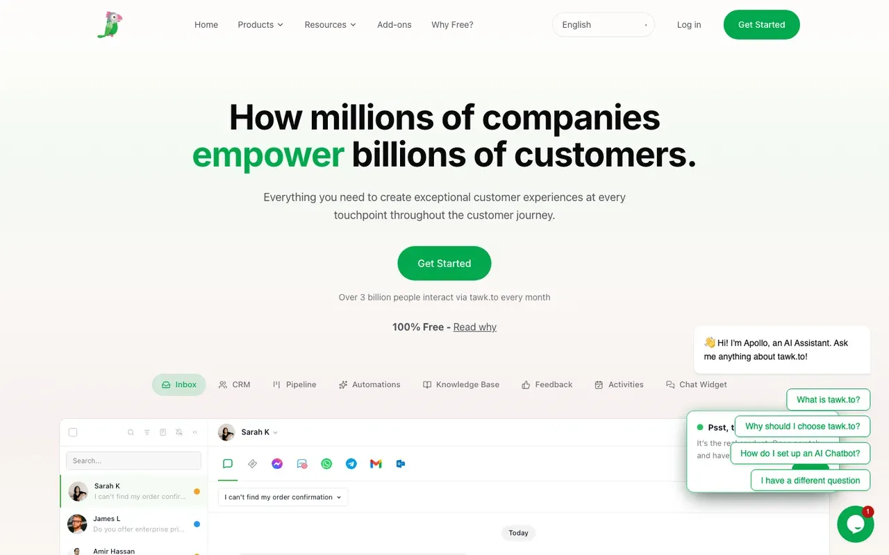 tawk.to homepage, screenshot from September 2026