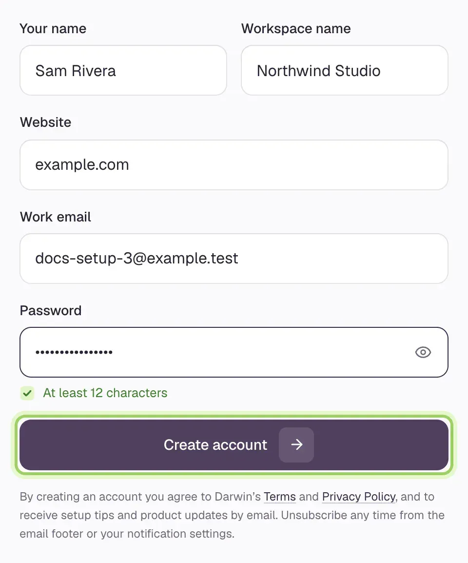 The sign-up form filled in for Sam Rivera at Northwind Studio, with the Create account button highlighted.