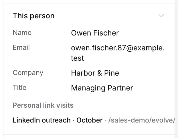 This person: Owen Fischer, his email, Harbor & Pine, Managing Partner, and Personal link visits listing LinkedIn outreach · October.