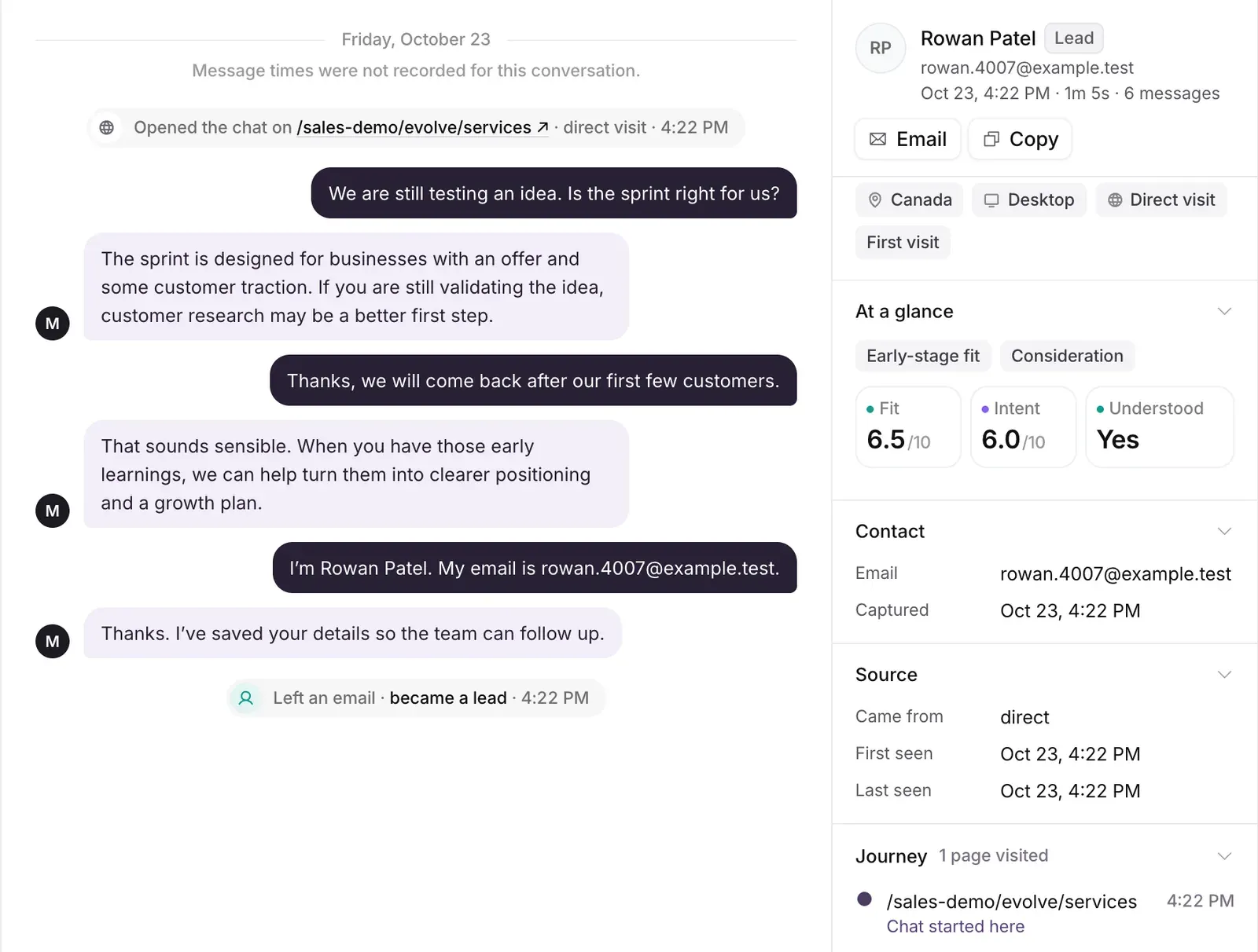 The Chats inbox: a list of conversations with unread marks, the open conversation, and a side panel with the visitor's contact details, source and pages visited.