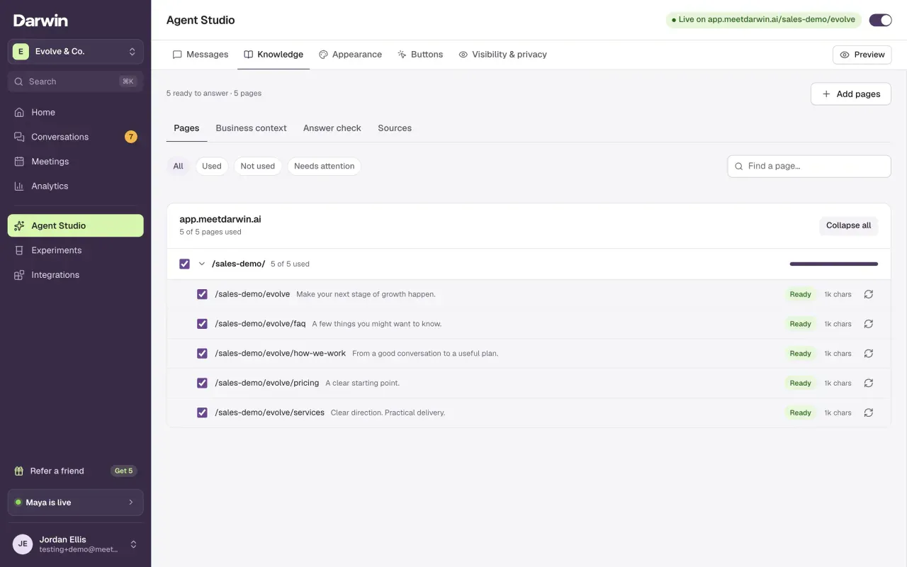 Agent Studio with the Knowledge tab selected: websites, pages and documents your agent answers from.
