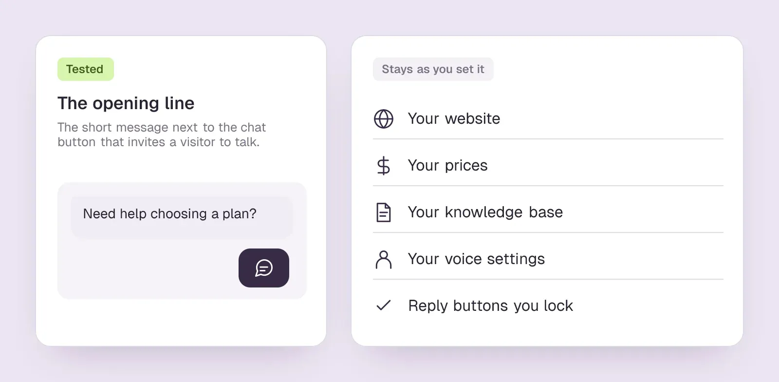 Only the opening line is tested; the website, prices, knowledge base, voice settings and any reply buttons you lock stay exactly as you set them