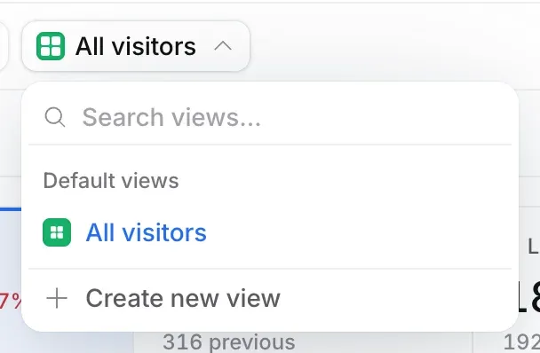 The view menu open with Search views, Default views with All visitors, and Create new view.