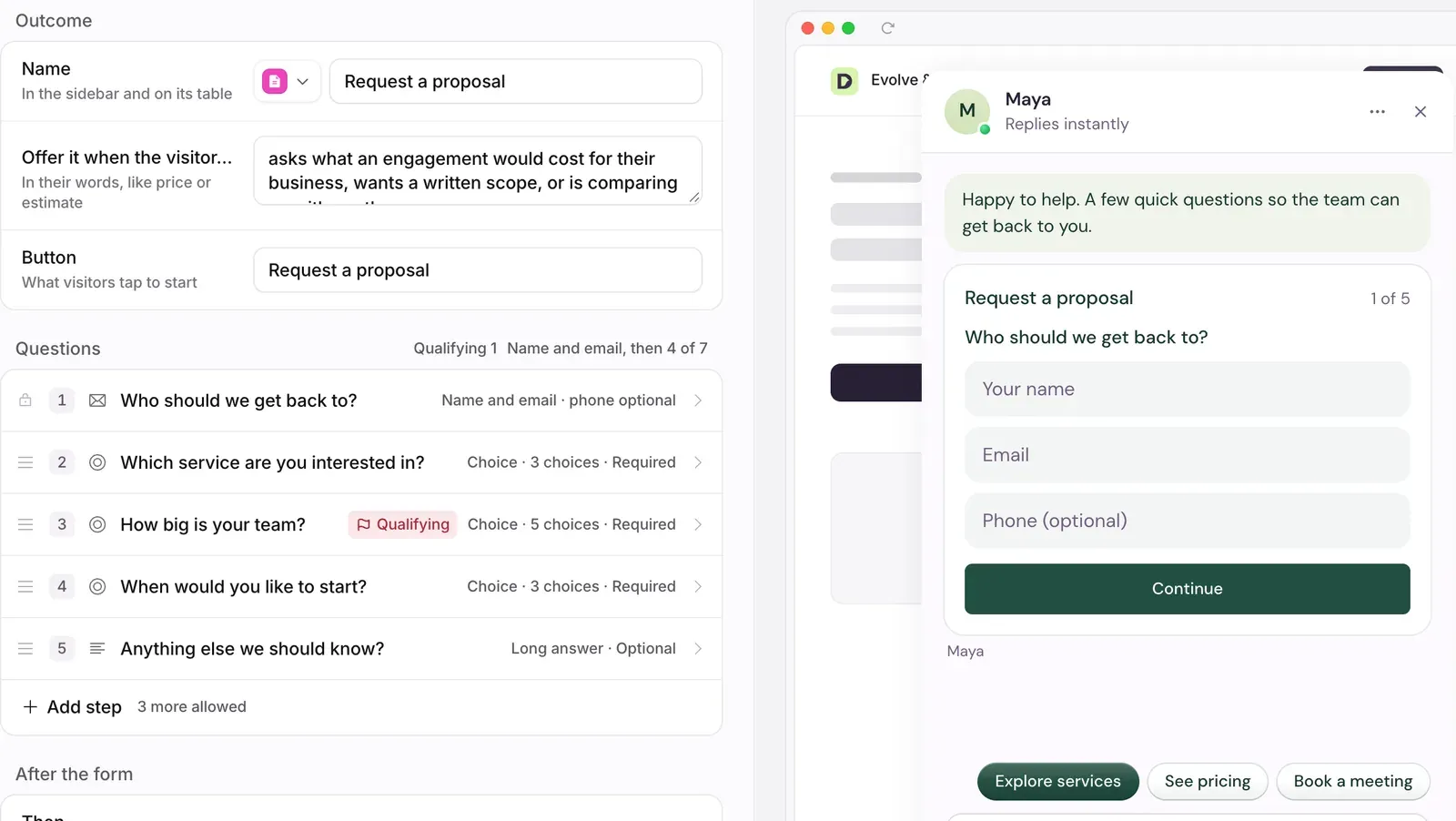 The outcome builder: the form's questions on the left, starting with name and email, and the live website chat on the right showing the form as visitors see it.