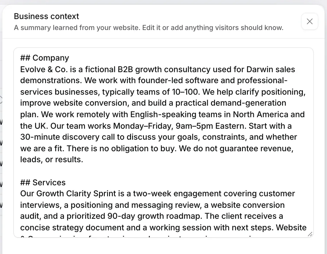 The Business context panel with an editable summary of the fictional Evolve & Co. business.