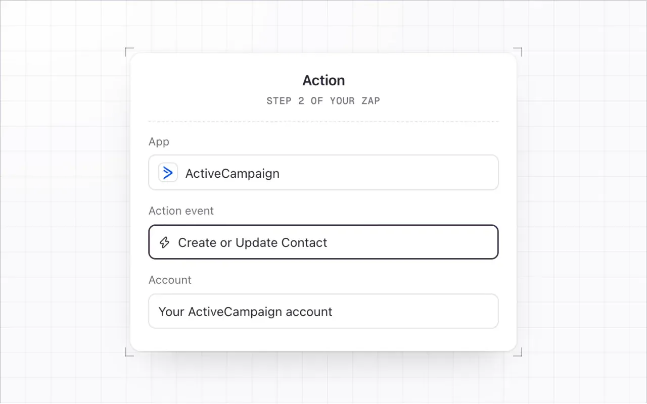 The Zap action: app ActiveCampaign and action event Create or Update Contact highlighted, with your ActiveCampaign account.