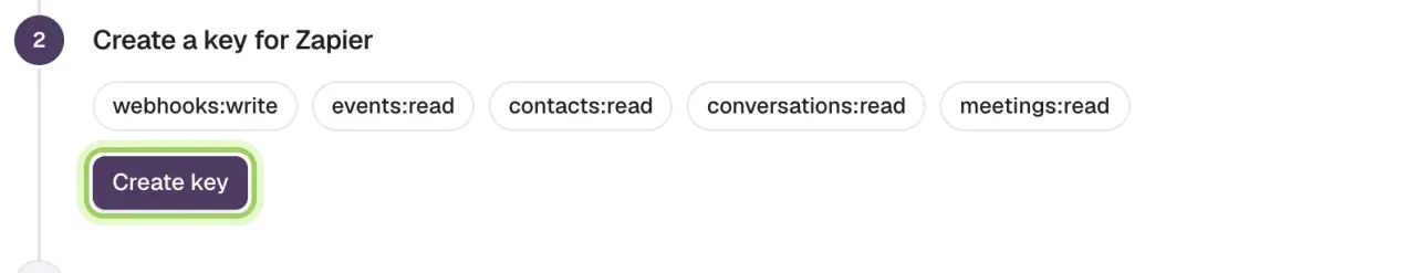 Step 2, Create a key for Zapier, listing webhooks:write, events:read, contacts:read, conversations:read and meetings:read, with the Create key button highlighted.