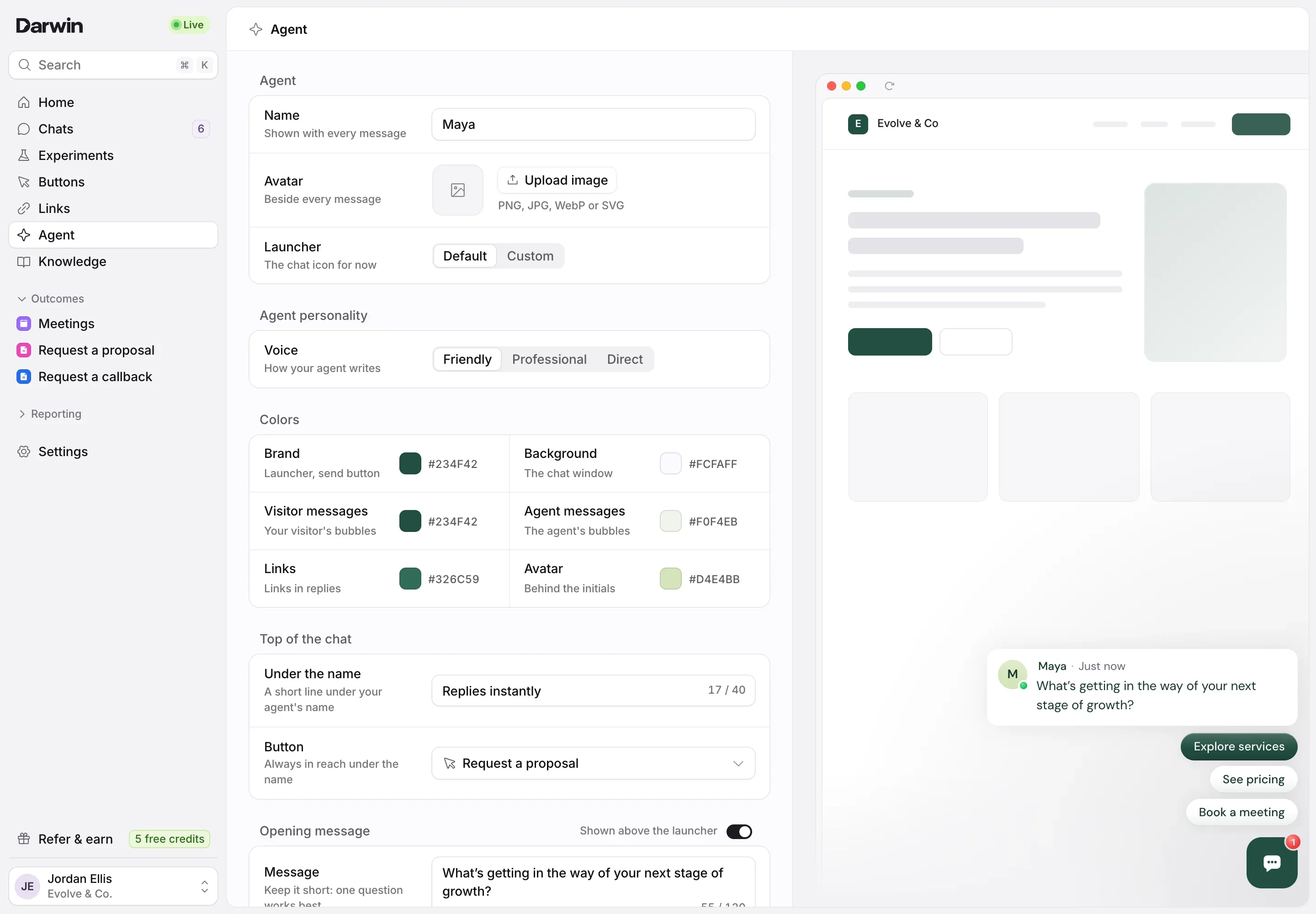 The Agent page with Agent selected in the sidebar: the Agent, Agent personality, Colors and Top of the chat sections, and the preview on the right with the opening message and launcher.
