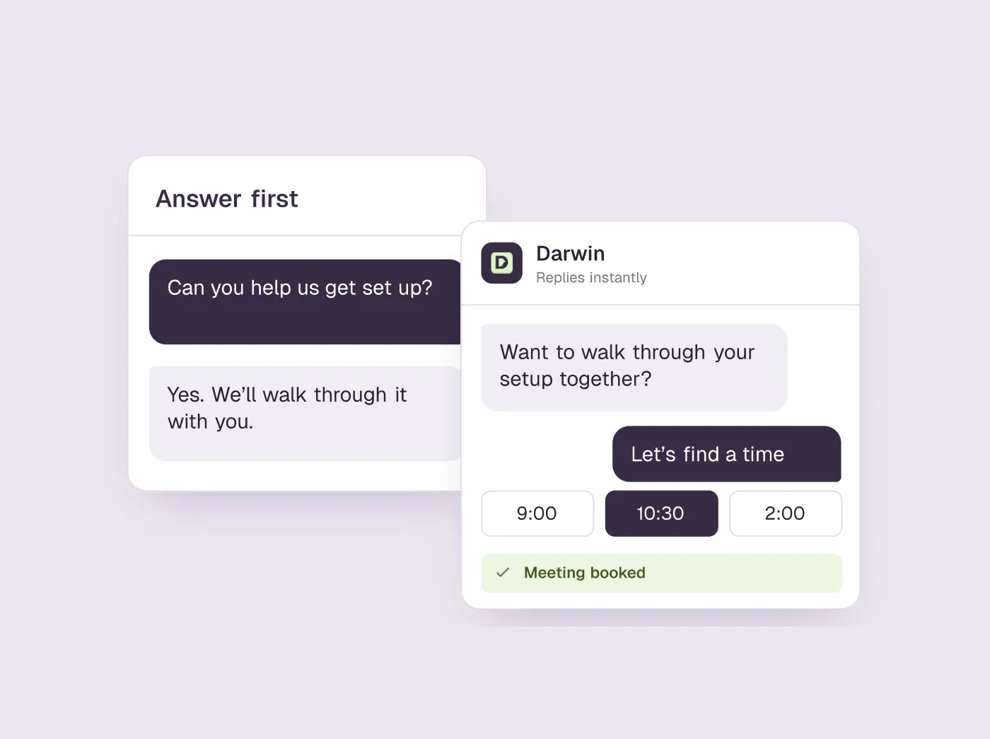 A visitor’s question and answer beside a Darwin chat with meeting times and a booking confirmation.