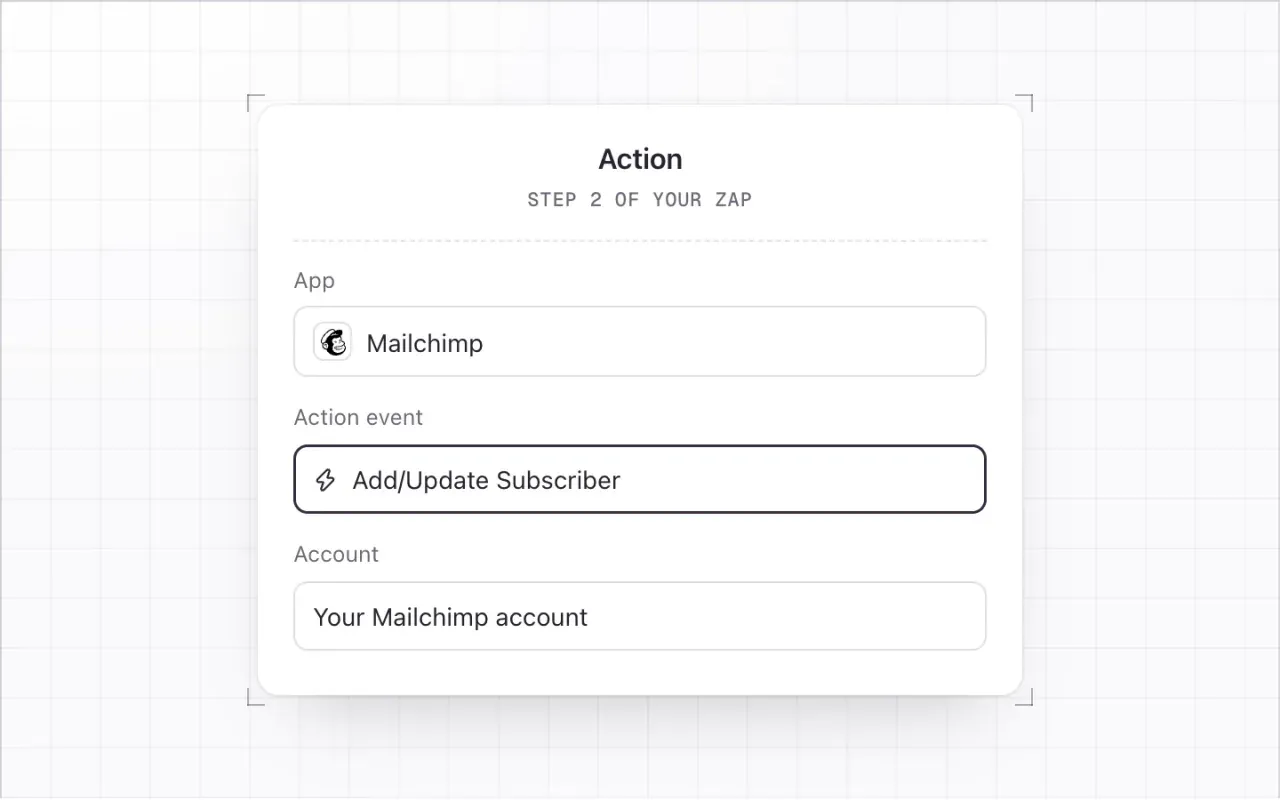 The Zap action: app Mailchimp and action event Add/Update Subscriber highlighted, with your Mailchimp account.