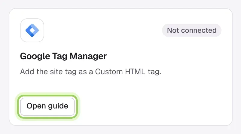 The Google Tag Manager card on the Integrations screen with its Open guide button highlighted.