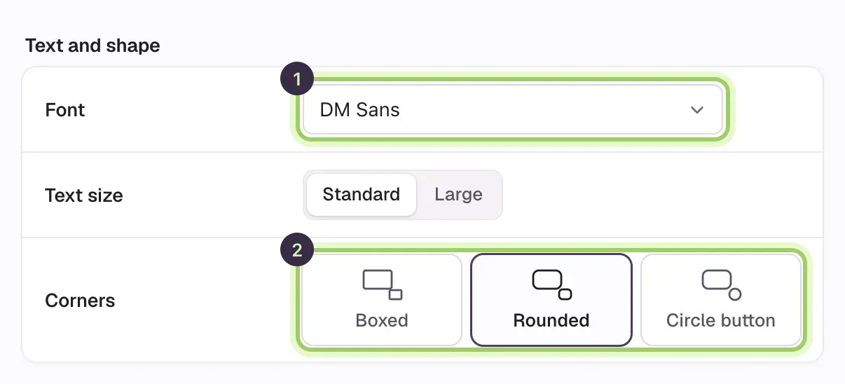 The Text and shape section with the Font menu marked 1 and the Corners choice marked 2.