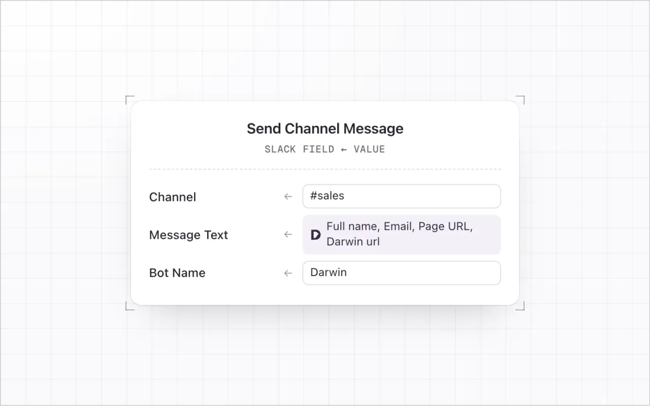 The Send Channel Message fields in Slack, each with the Darwin field or typed value that fills it.