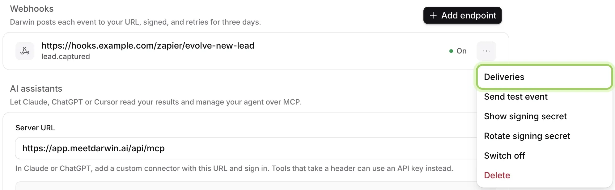 An endpoint for lead.captured reading On, with its menu open and Deliveries highlighted.