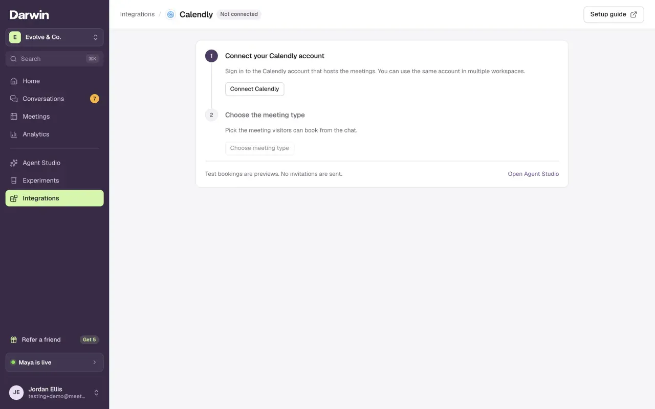The Calendly setup page with the Not connected badge, step 1 Connect your Calendly account and step 2 Choose the meeting type.
