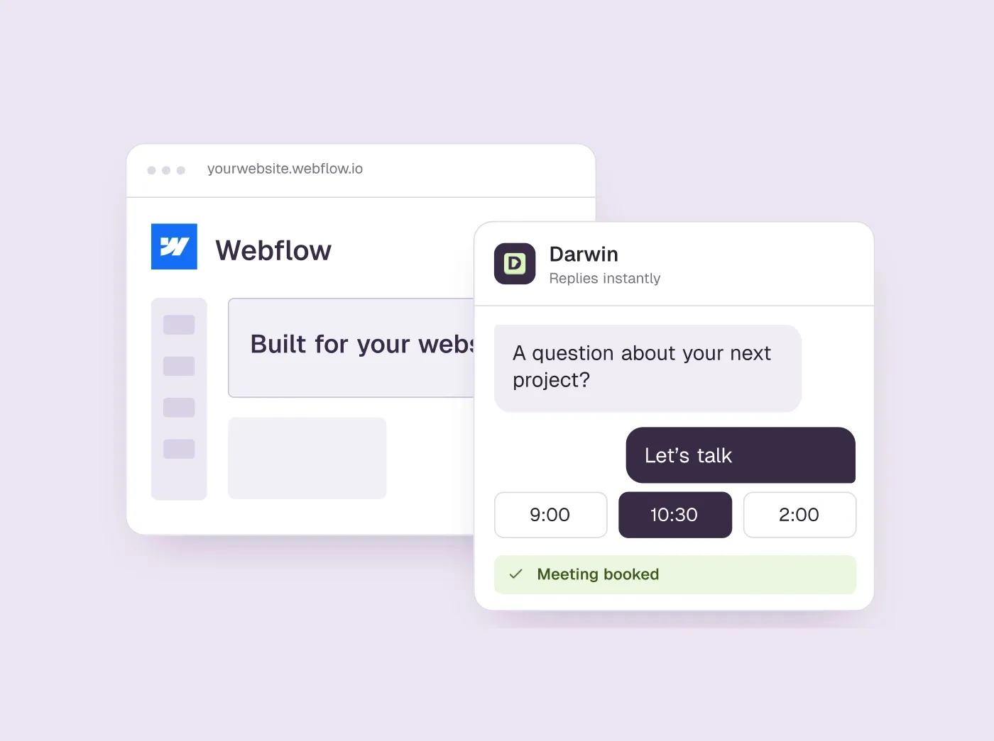 A Webflow website canvas with an overlaid Darwin conversation and meeting times.