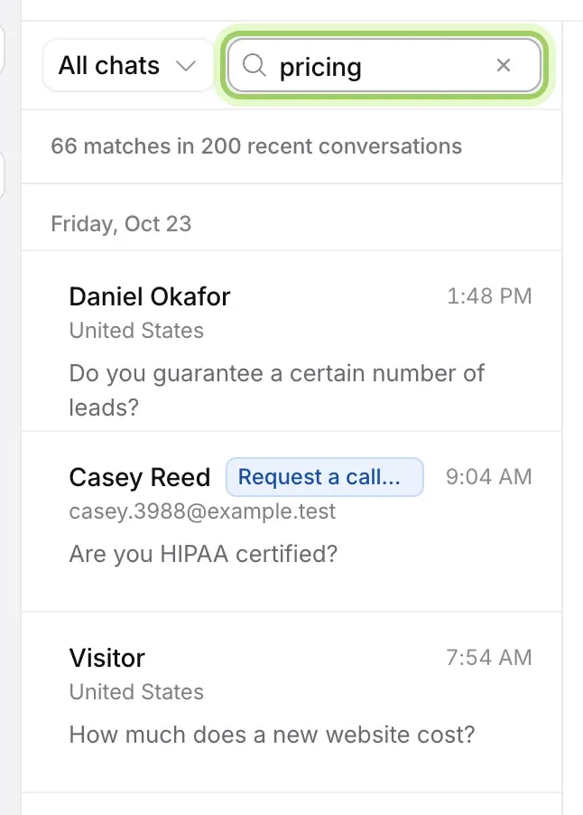 The search open above the list with pricing typed in, reading 66 matches in 200 recent conversations, and the matching chats below.