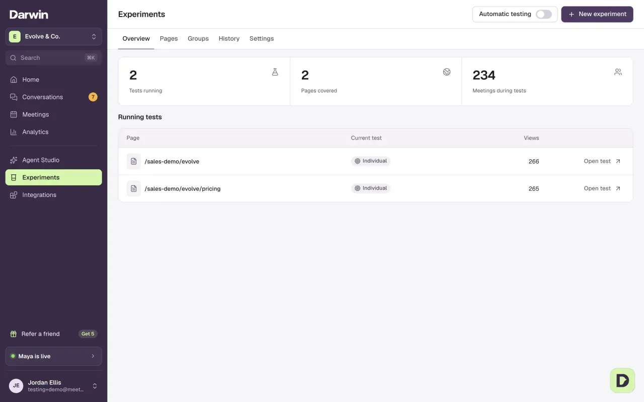 Experiments: Overview, Pages, Groups, History and Settings tabs, the Automatic testing switch and New experiment button, and a list of running tests.