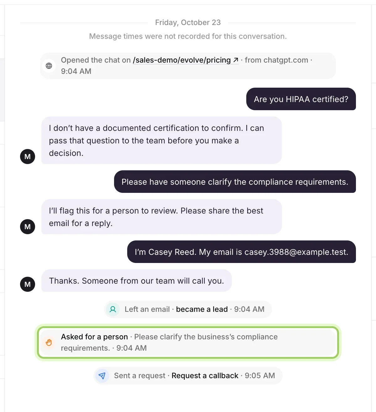 A conversation where the visitor asked about compliance, with the line Asked for a person, Please clarify the business’s compliance requirements, highlighted.