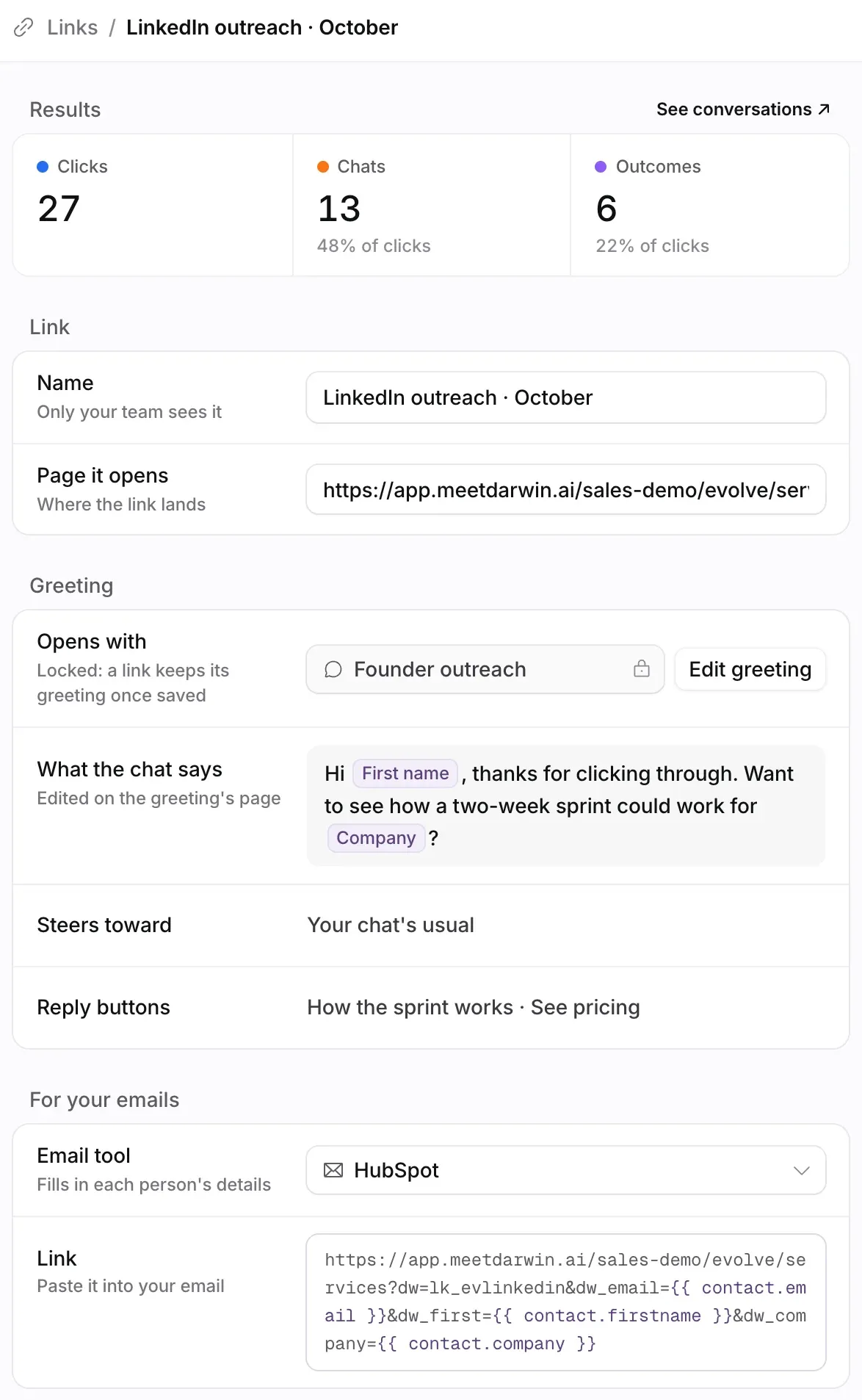 A link’s page: Results with 27 clicks, 13 chats and 6 outcomes, the Link section with its name and the page it opens, the Greeting section showing Founder outreach and what the chat says, and For your emails with HubSpot and the link to paste.