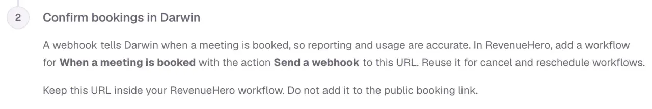 Step 2, Confirm bookings in Darwin, explaining the When a meeting is booked workflow with a Send a webhook action.