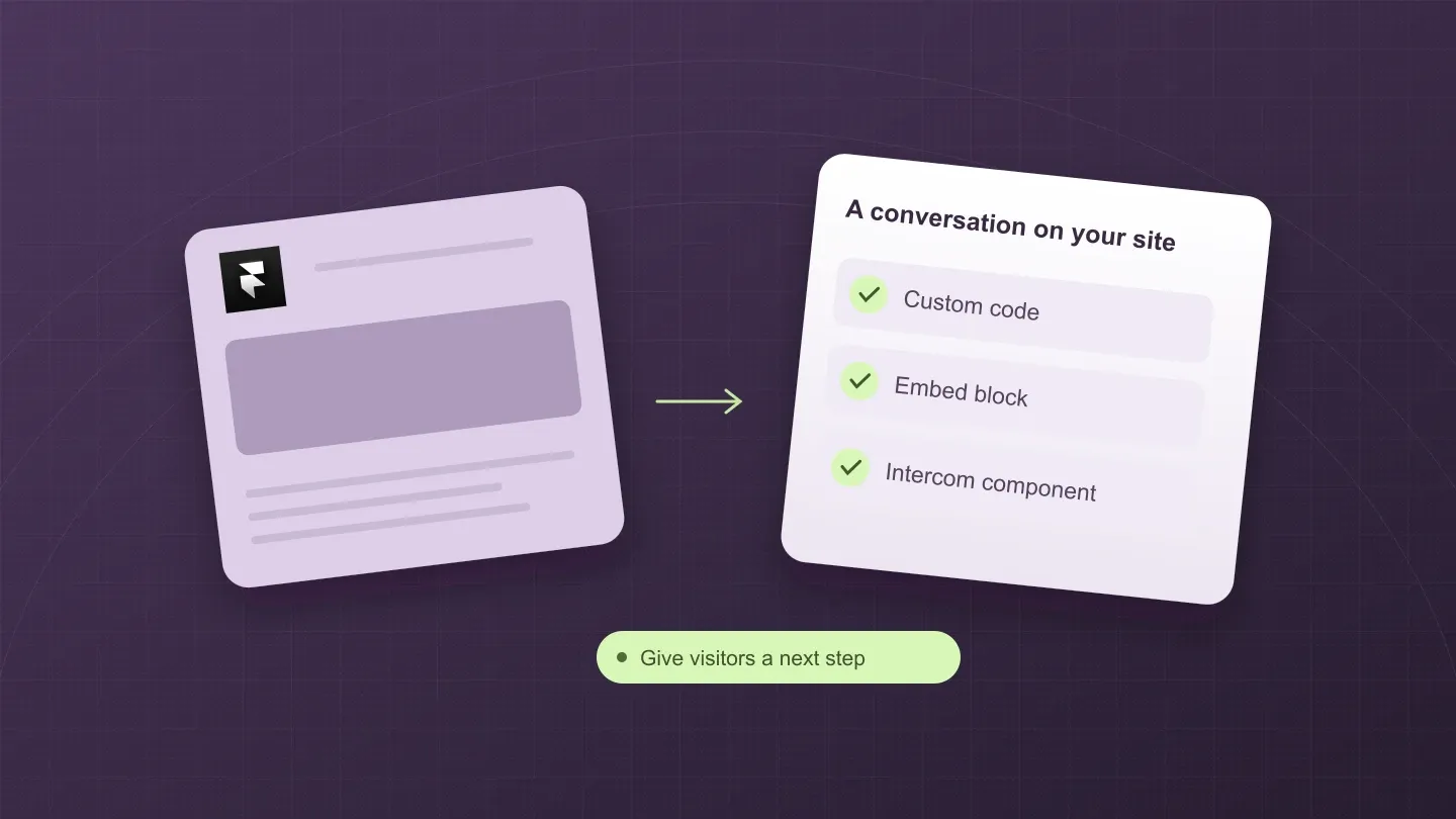 The official Framer logo appears on a page beside three chat installation methods: custom code, embed block and Intercom component.
