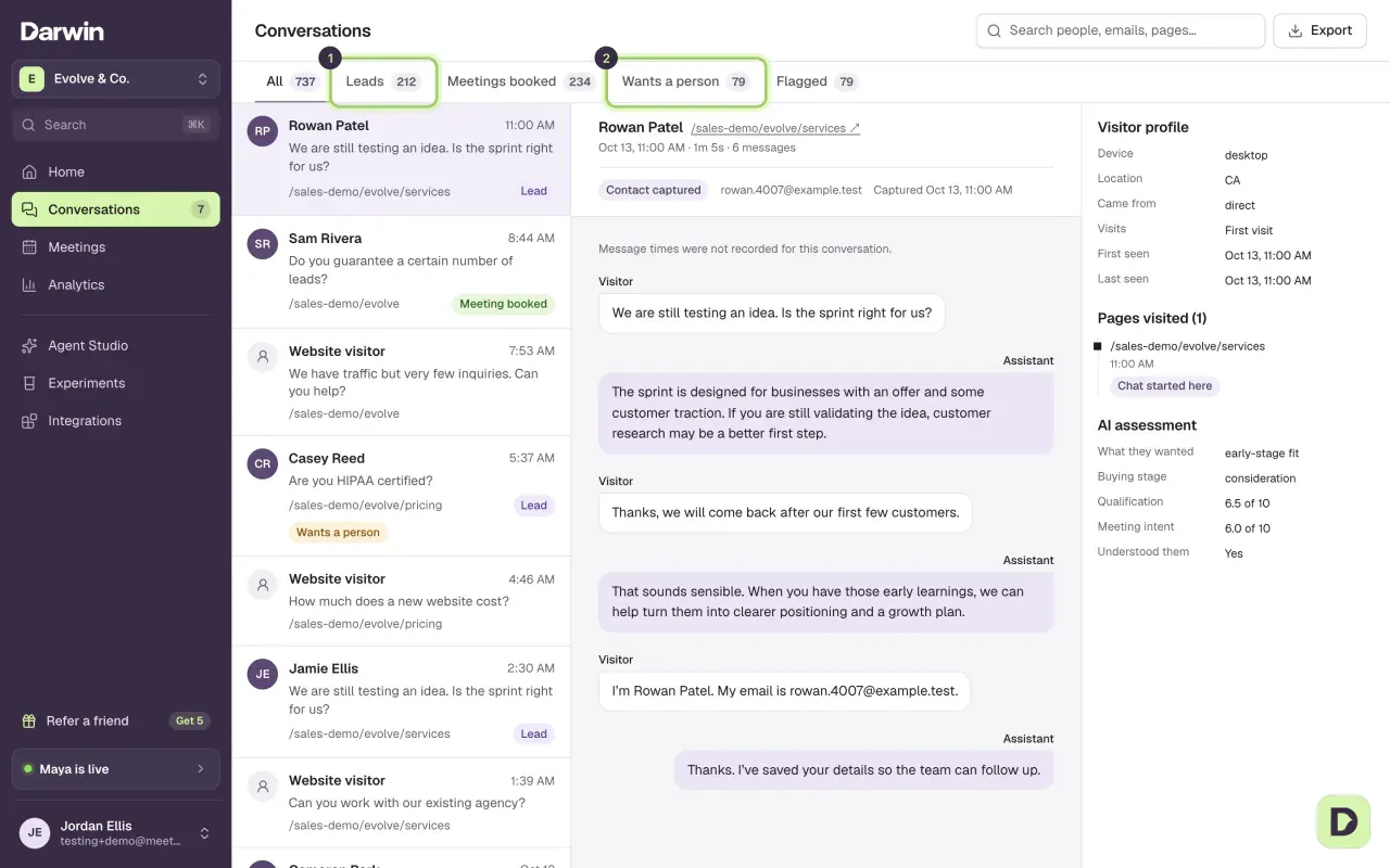 The Conversations screen with filter tabs above the list, an open transcript and the visitor profile. The Leads and Wants a person tabs are marked.