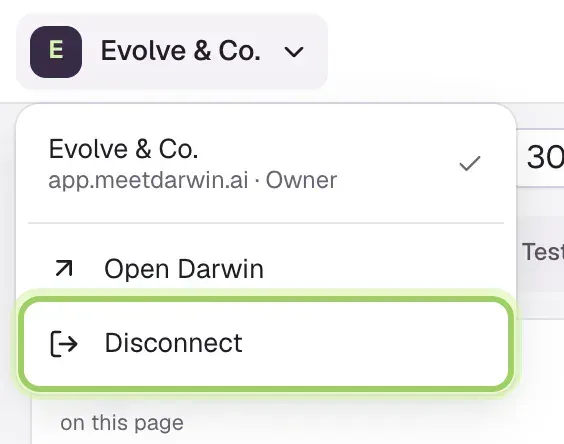 The workspace menu open: two workspaces with their website and role, Open Darwin, and Disconnect highlighted.