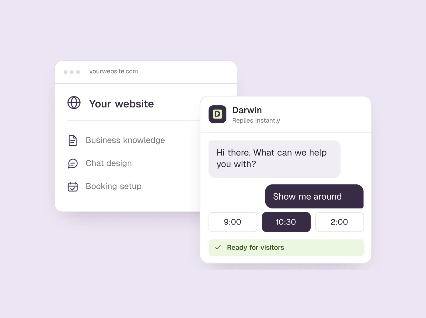 A website setup checklist beside a Darwin chat window, ready to welcome visitors.
