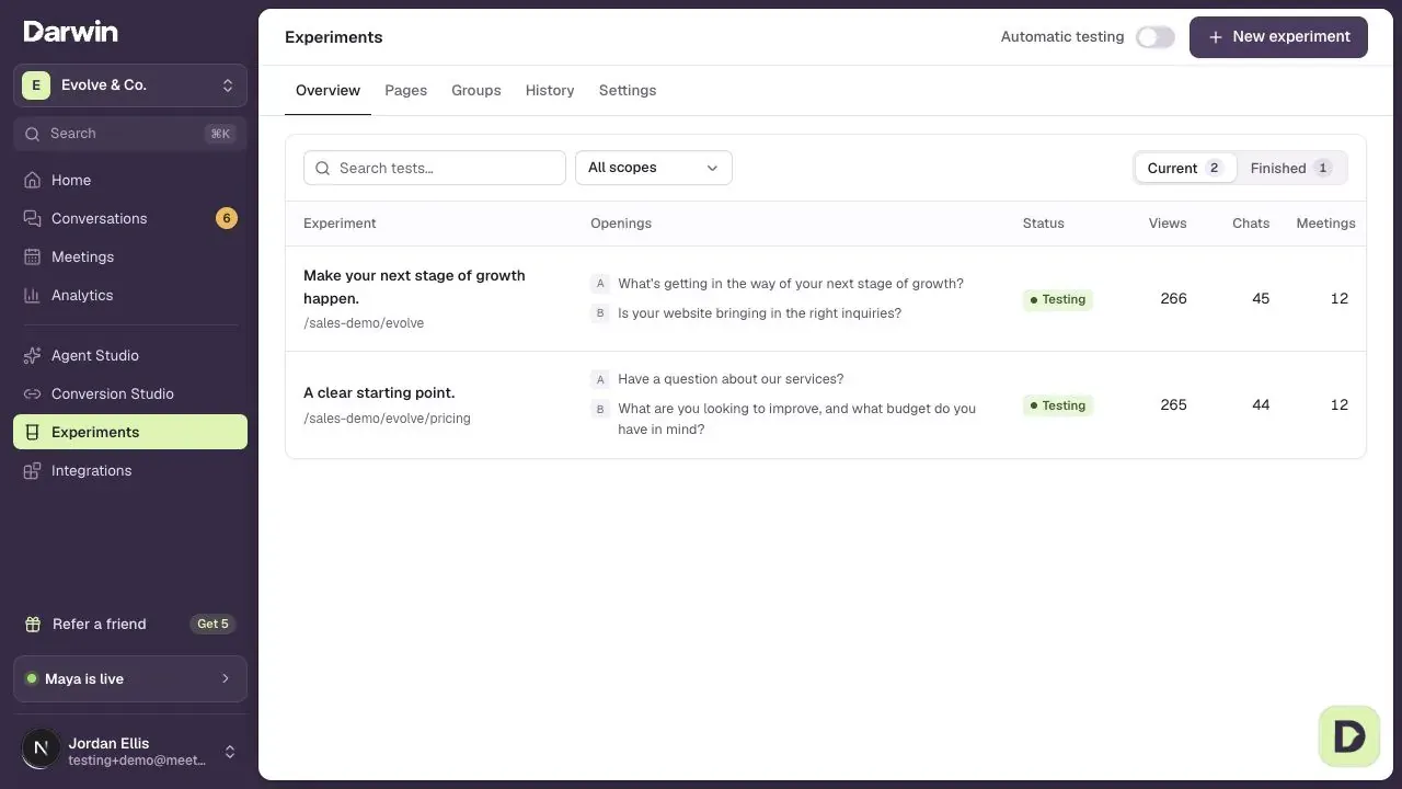 The Experiments Overview in a demonstration workspace, with current and new opening copy, test scope, Views, Chats and Meetings.