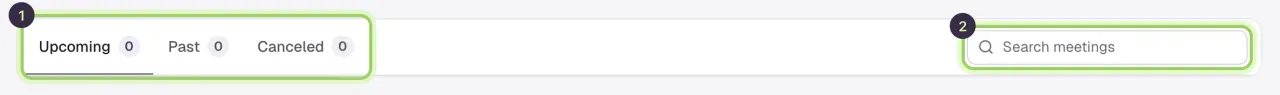 The Upcoming, Past and Canceled tabs marked 1 and the Search meetings box marked 2.
