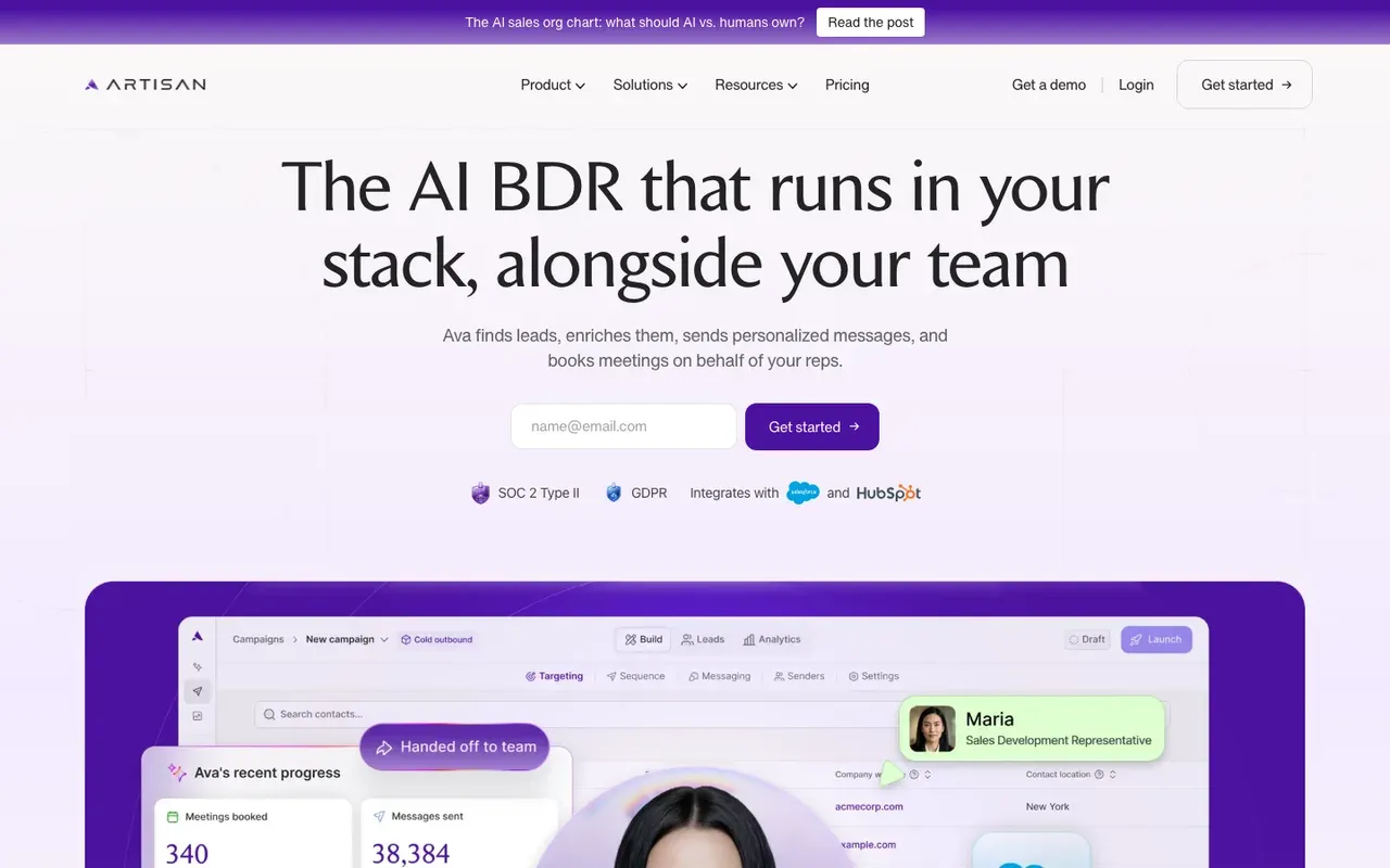 Artisan homepage, screenshot from September 2026
