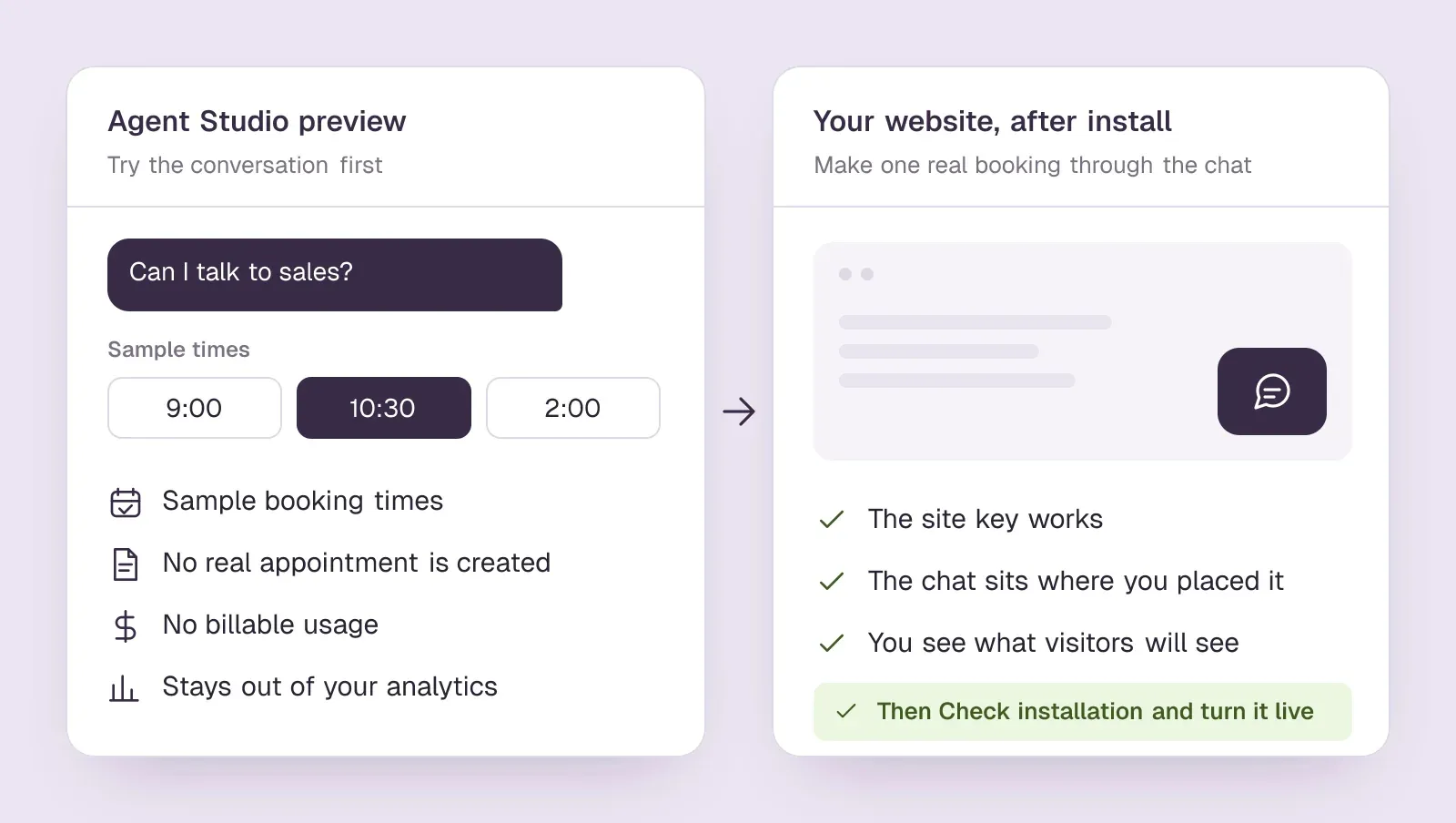 The Agent Studio preview uses sample times and creates no appointment, usage or analytics; one real booking on your website checks the site key and placement
