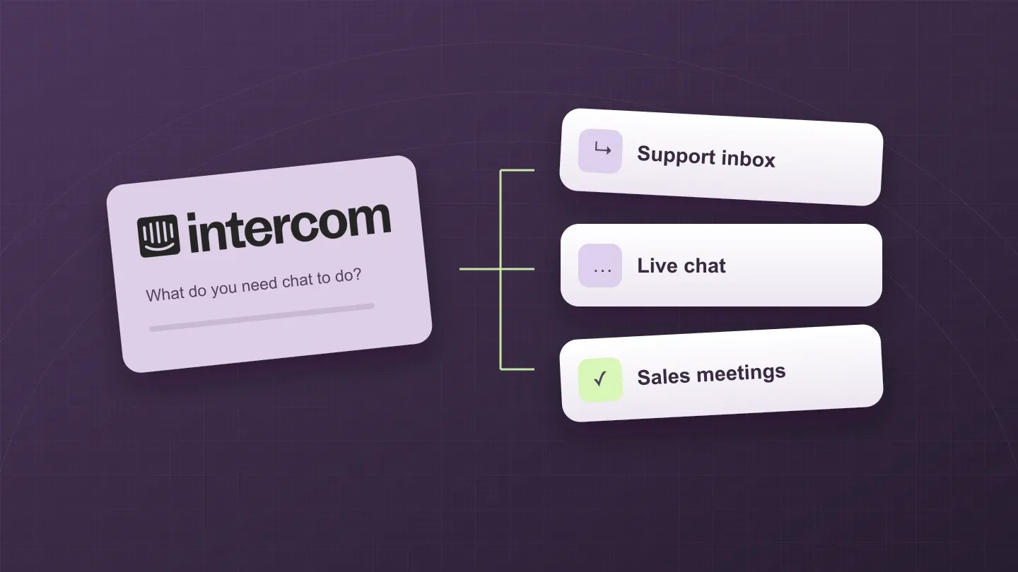The official Intercom logo sits beside three distinct options: support inbox, live chat and sales meetings.