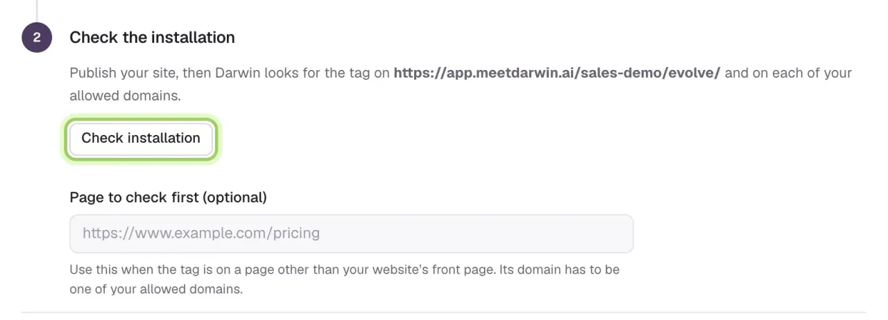 Step 2 of the Site tag page, Check the installation, with the Check installation button marked and an optional Page to check first field.