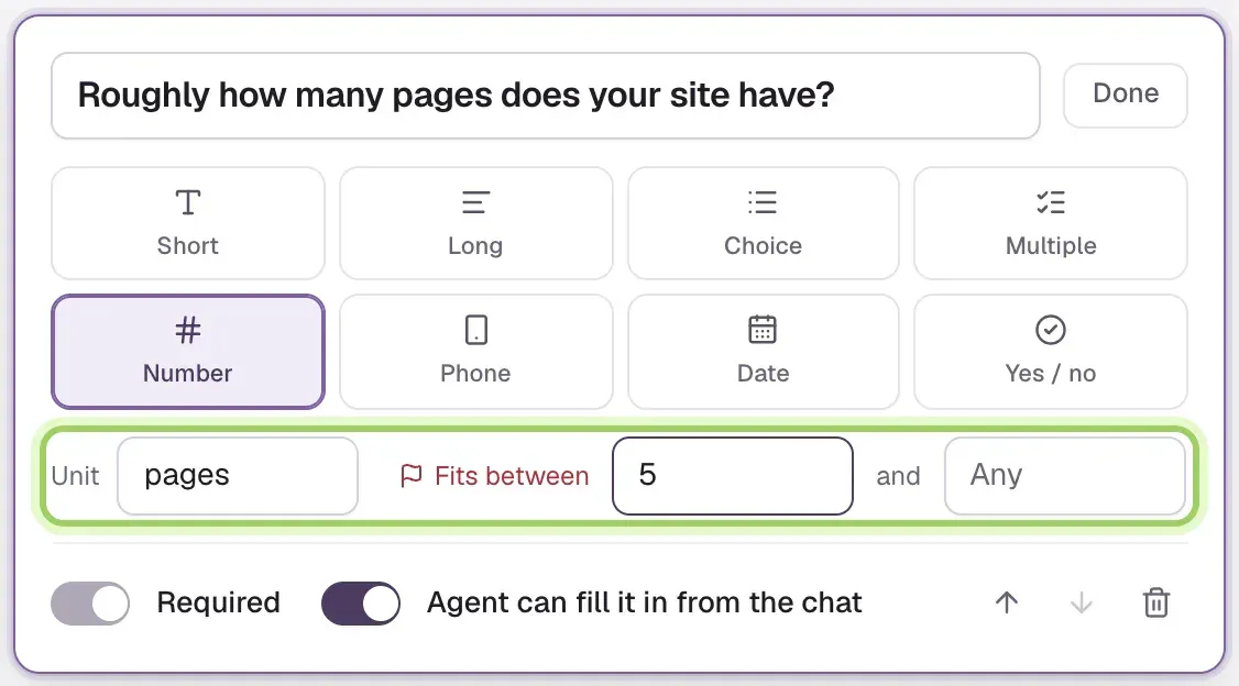 A Number question, Roughly how many pages does your site have?, with the unit pages and Fits between 5 and Any marked; Required is on and locked.