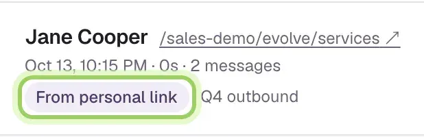A conversation header for Jane Cooper with the From personal link badge marked and the link name Q4 outbound.