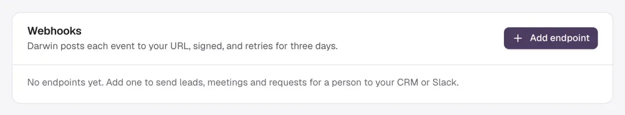 The Webhooks section of Integrations → API, with the Add endpoint button. No endpoints are listed yet.