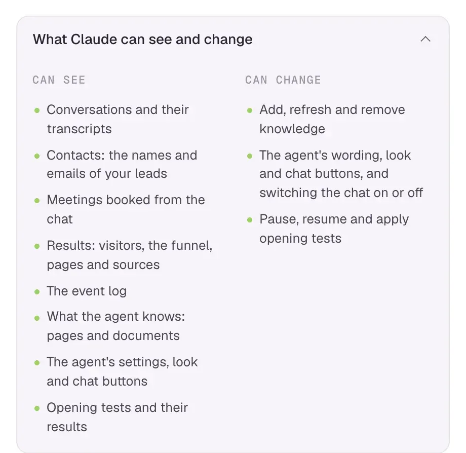 The What Claude can see and change list: conversations, contacts, meetings, results, the event log, knowledge, agent settings and tests it can see; knowledge, the agent's wording, look and chat buttons, switching the chat on or off, and opening tests it can change.